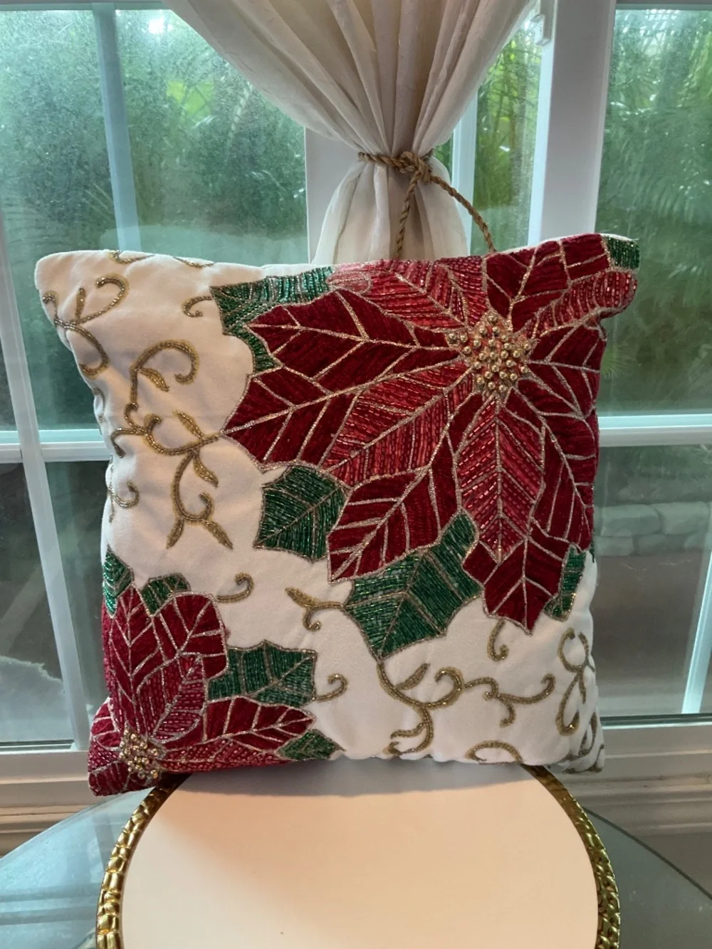 Beautiful Beaded Pointsietta Holly Christmas Pillow